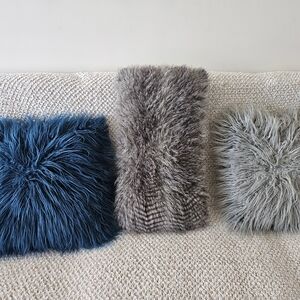 Luxurious Faux Fur Pillow Set - Blue, Gray, and Brown